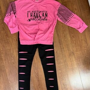 Girl’s 2 Piece Outfit from Temu - Size 12 (5XL) - Pink/ Black - Long Sleeve